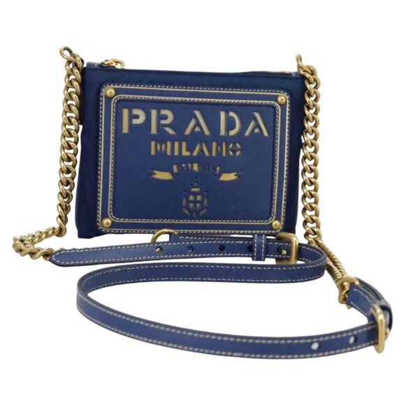 PRADA Chain Accessory Pouch Nylon Blue Gold Auth 98103V - Picture 1 of 15